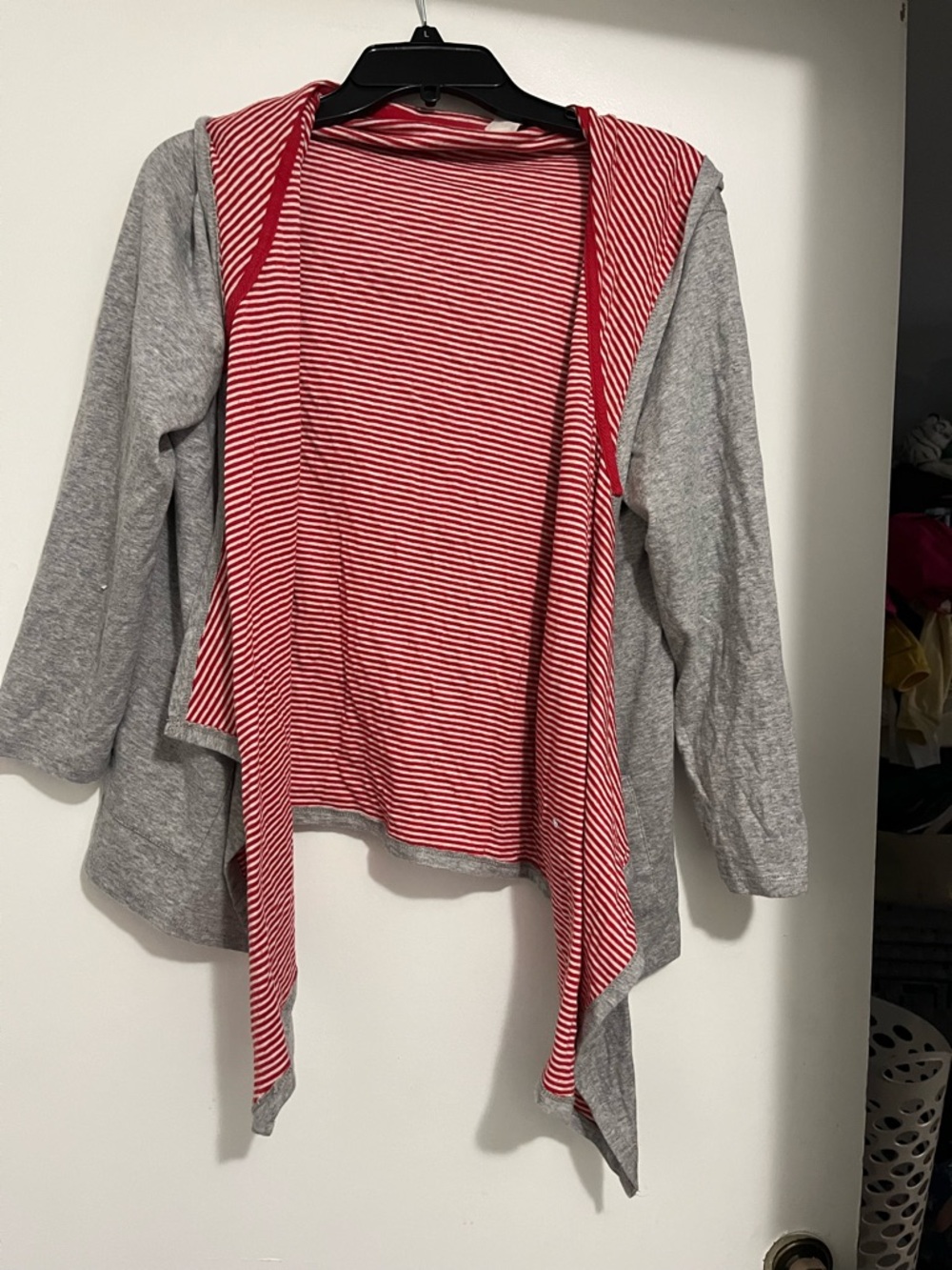 Woman’s  Open-Front Cardigan - Red Stripe & Gray